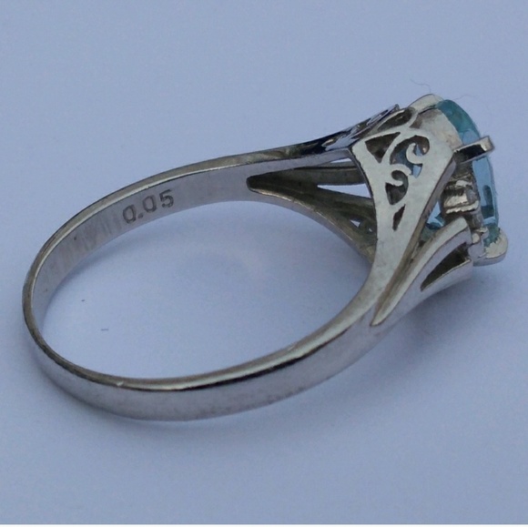 Solid Platinum Aquamarine Diamond Wedding Engagemet Ring VINTAGE ESTATE - Picture 5 of 8